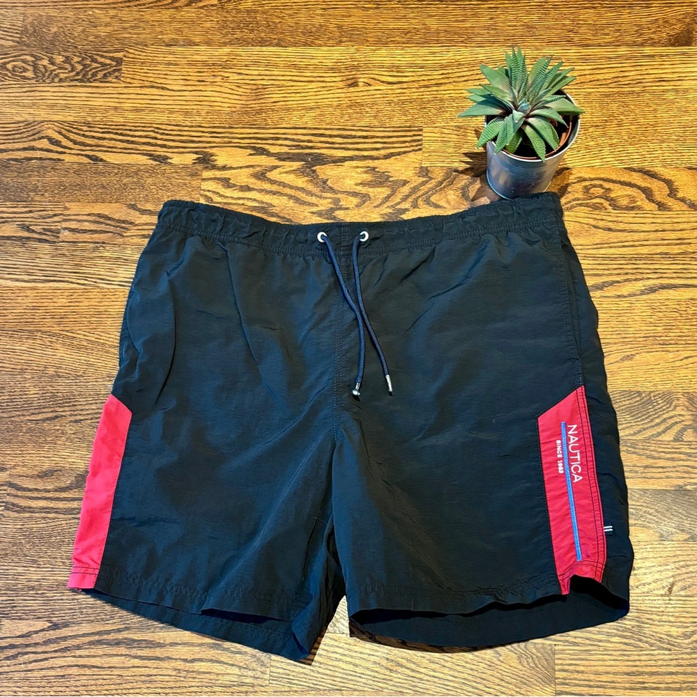 Men’s Vintage Nautical Black & Red Swim Shorts. Size: Large